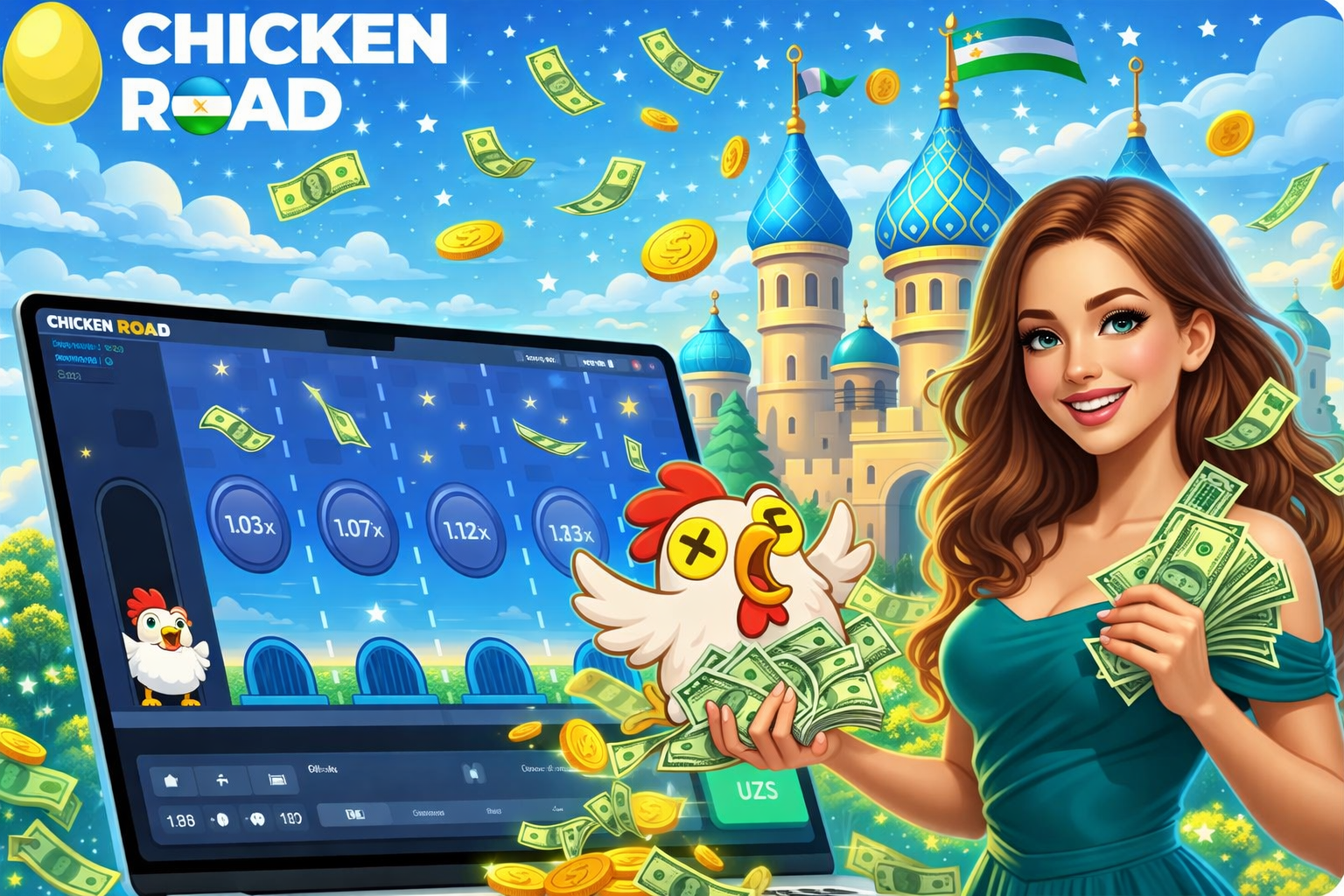 Animated Chicken Road chicken on a laptop with SpinBara and Boomerang logos and a castle background