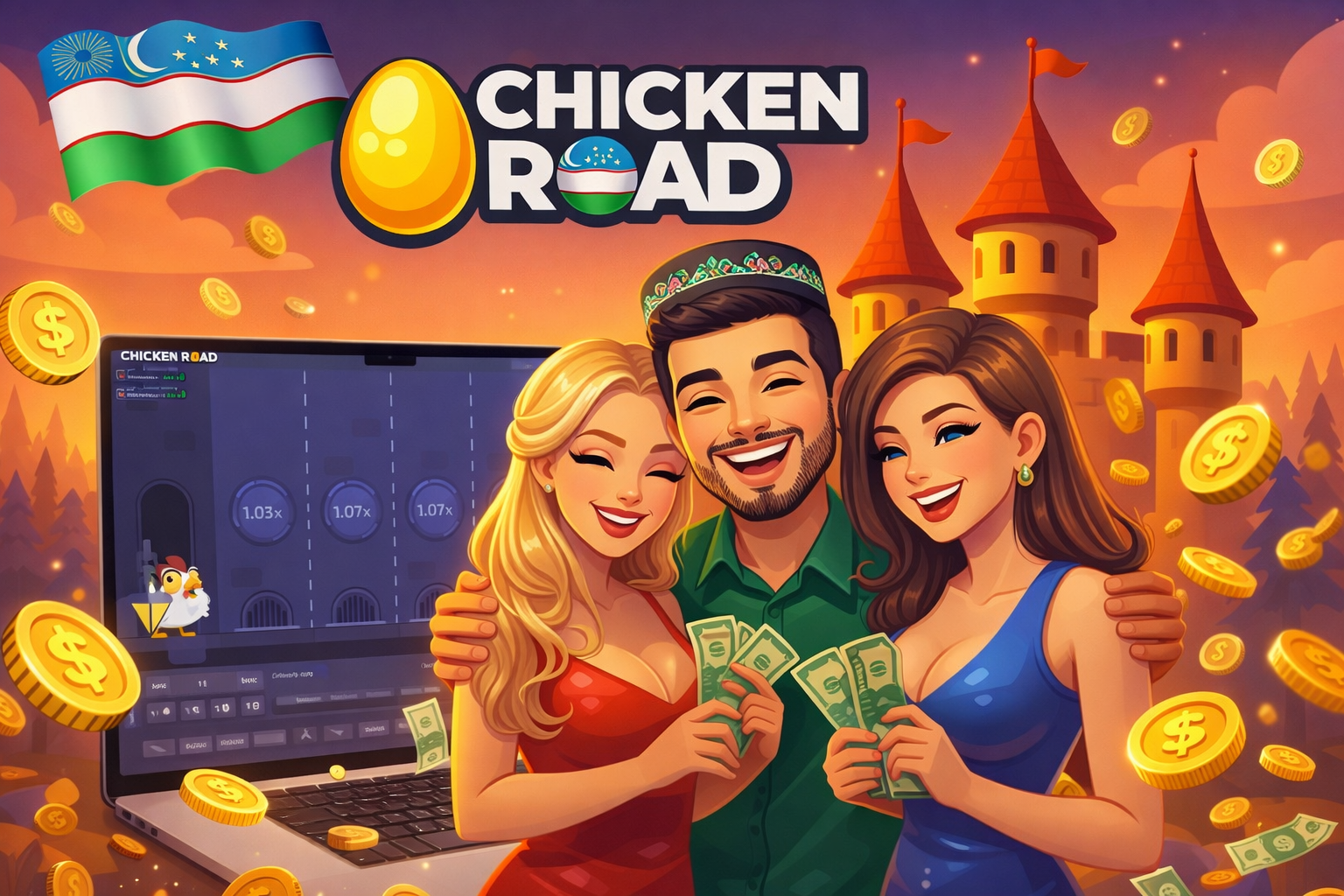 Chicken Road gameplay on a computer with the chicken ready to play in front of a medieval castle