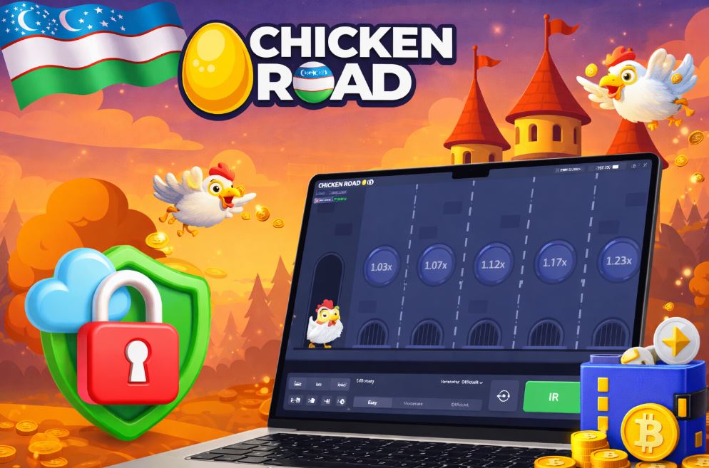 Computer with the Chicken Road game and a red padlock on a green shield symbolizing security and protection
