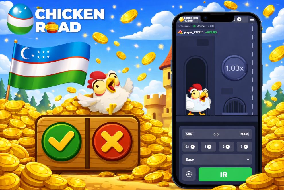 Chicken Road chicken jumping in front of a phone with Yes/No buttons on an animated landscape
